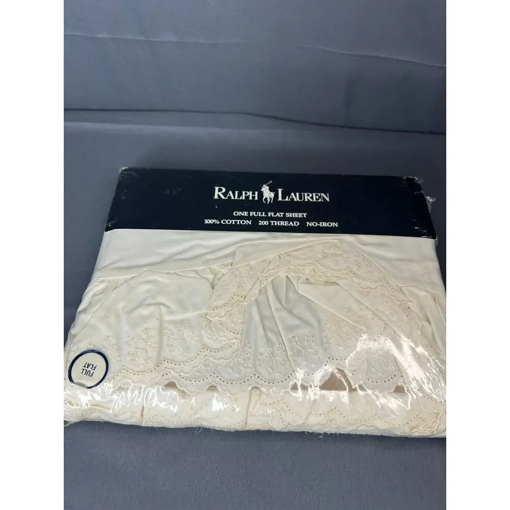 Vintage Ralph Lauren Home Ivory Full Flat Bed Sheet Ruffle Eyelet NOS